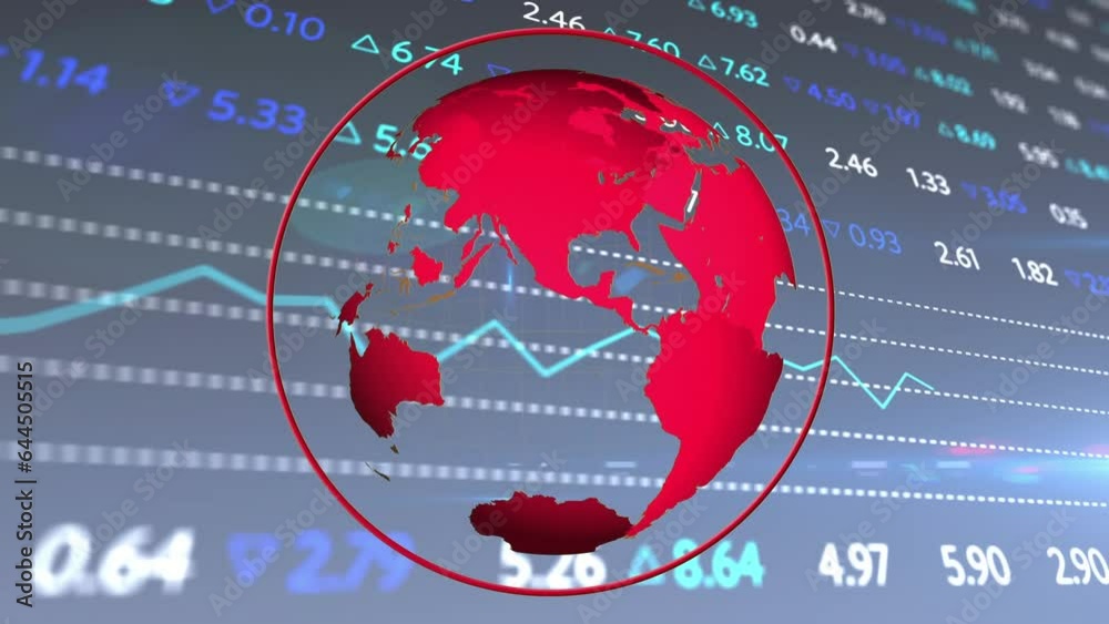 Canvas Prints Animation of spinning globe over stock market data processing and light spot on blue background