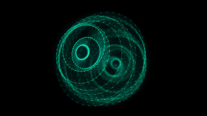 Abstract green sphere on black background. Wireframe circle structure with glowing particles and lines. Futuristic digital illustration. 3D rendering.