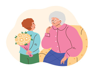 Smiling child holding gift bouquet for grandmother behind back flat style