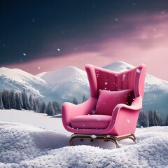 pink armchair in the snowfall mountains,winter 
