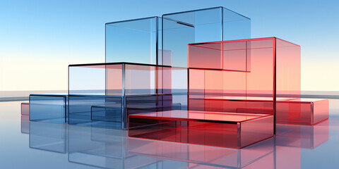 Viele bunte transparente Plexiglas Würfel 3D als Hintergundmotiv im Querformat für Banner, ai generativ