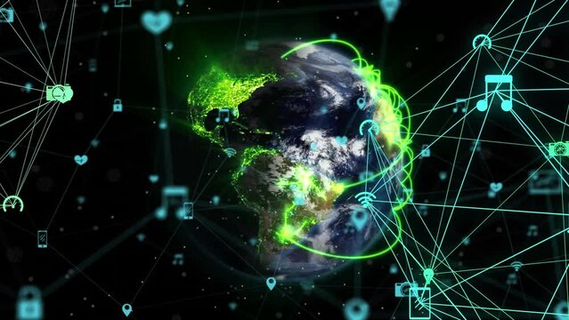 Animation of network of digital icons and red light trails over spinning globe on black background