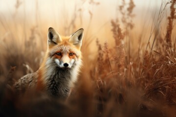 Cute red fox sitting on autumn field with wildflowers. Beautiful vulpes vulpes animal in the nature habitat. Wildlife scene from the wild nature. Wallpaper, beautiful fall background