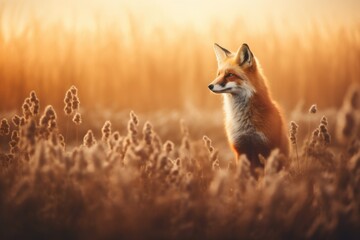 Naklejka na ściany i meble Cute red fox sitting on autumn field with wildflowers. Beautiful vulpes vulpes animal in the nature habitat. Wildlife scene from the wild nature. Wallpaper, beautiful fall background