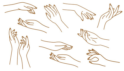 Outline woman hands. Contour women hands with various gestures in hand drawn doodle sketch style. Vector illustration © PawLoveArt