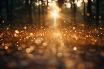 Blurred abstract photo of sunbeams among trees, golden autumn background, sunlight among trees, sunbeams in a dark forest, background of glitter golden bokeh lights, golden hour. - 644506914
