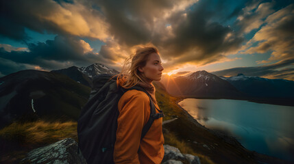 Golden Autumn Hiking women in the mountains during sunset, blonde model girl with backpack walk over the mountains, ai generative 