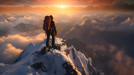 Naklejka na ściany i meble In a serene wilderness, a solitary climber conquers a snowy summit, a triumph of adventure and determination, generative ai 