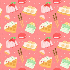 Vector seamless pattern with different desserts and sweets.