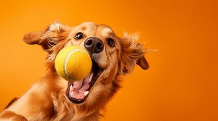 Fototapety  Portrait of dog catching ball on orange background. Excited and playful pet