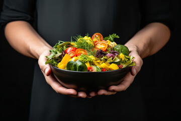 Delicate hands cradle a fresh salad bowl, in a choice of nutrition over the allure of unhealthy...