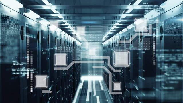 Animation of data processing and mosaic squares against computer server room