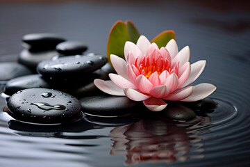 Obraz na płótnie Canvas Oval black smooth stones with beautiful lotus flower on dark background