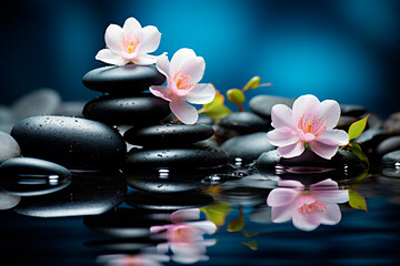 Fototapeta na wymiar Black smooth stones and pink blossom reflected in water, spa concept