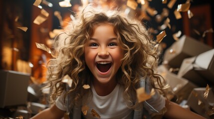Fototapeta premium Birthday happy child girl with confetti and balloons on background. Generative AI