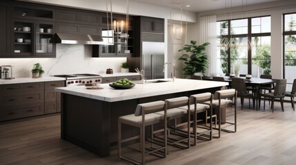 Fototapeta premium Interior of luxury comfortable kitchen room, Modern furniture with utensils, shelves with crockery and plants, refrigerator and table in simple minimal dining room.