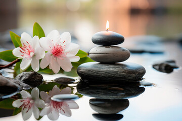 Three smooth stones, pink blossom and candle light, spa concept
