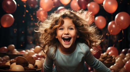 Fototapeta na wymiar Birthday happy child girl with confetti and balloons on background. Generative AI