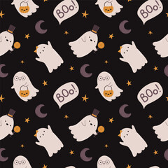 Vector seamless pattern with cute Halloween ghost with different characters.