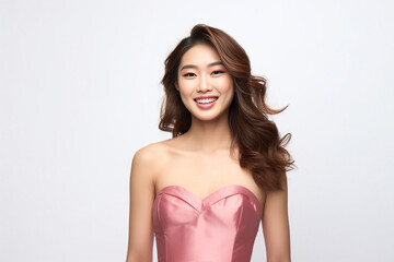 Smiling Beautiful young Asian woman in stylish pink dress in pastel pink dress posing at studio. Generative AI.