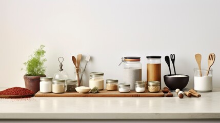 Obraz premium Modern kitchen interior, Kitchen utensils, Cooking ingredients and kitchenware on counter table.