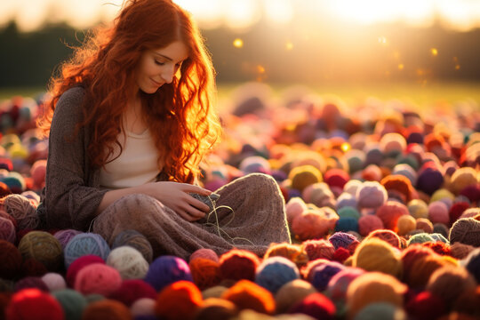 happy woman in colorful field of wool