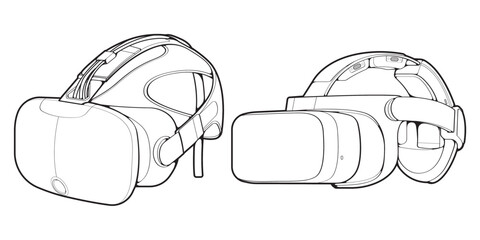 Set off Virtual reality headset outline drawing vector, Virtual reality headset drawn in a sketch style, black line Virtual reality headset trainers template outline, vector Illustration.