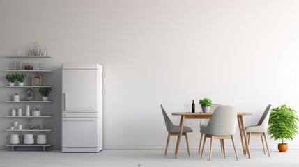 Interior of modern comfortable kitchen room, Modern furniture with utensils, shelves with crockery and plants, refrigerator and table in simple minimal dining room.