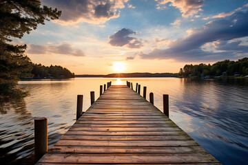 Fototapeta premium AI-generated wooden pier protruding into the lake