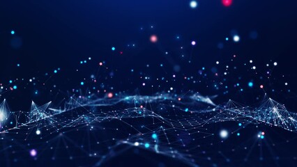 Digital technology concept big data visualization. Abstract polygonal multicolored particles connected on a dark blue background. - Powered by Adobe