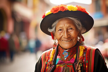  Portrait of South American elderly woman in traditional dress.