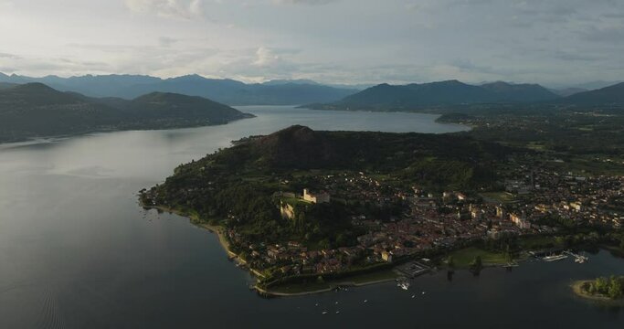Aerial view of Angera, a small town along Lago Maggiore (Lake Maggiore) at sunset, Lombardy, Italy.