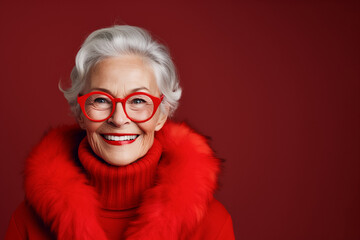 70 year old woman with autumn winter outfit. Senior old woman, female lifestyle.  Fashion model .