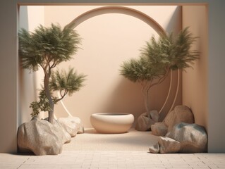 Bathtub on sand background. Display with sunshade and shadow on the dessert background. Generative AI.