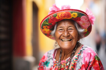  Portrait of South American elderly woman in traditional dress. - obrazy, fototapety, plakaty