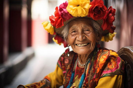  Portrait of South American elderly woman in traditional dress.