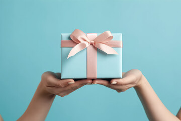 Feel the anticipation of receiving a gift as female hands hold a gift box against a light blue background, creating a sense of excitement and surprise. Generative AI.