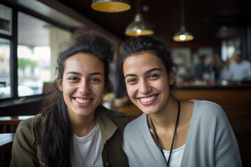 Portraits of two female friends sitting together in cafe and having fun in Bogota or Rio or Caracas