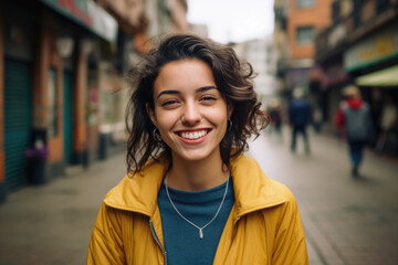 Portrait of beautiful young female on the city street in Bogota or Rio or Caracas