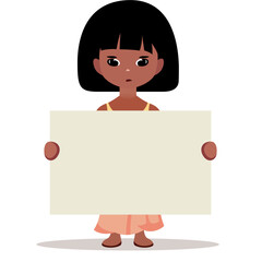 Little black girl holding an empty poster flat style vector illustration, girl holding an empty banner, sign or board, protesting little girl, stock vector image