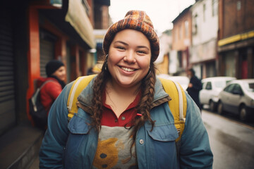 Portrait of beautiful young female on the city street in Bogota or Rio or Caracas