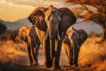 National park teeming with diverse wildlife in their natural habitat. Majestic animals such as elephants, lions, giraffes. Generative AI.