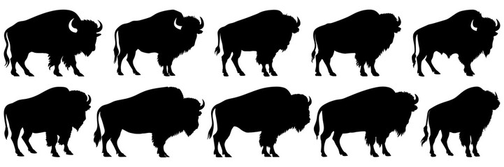 Bison buffalo silhouettes set, large pack of vector silhouette design, isolated white background