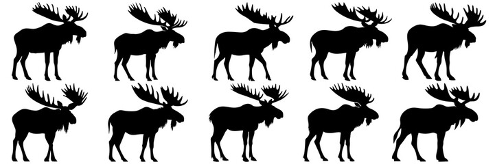 Moose silhouettes set, large pack of vector silhouette design, isolated white background