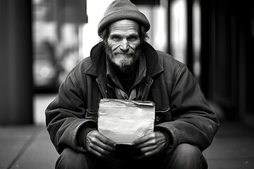 Homeless Showing Seeking Human Kindness Sign On Cardboard. Generative AI. - obrazy, fototapety, plakaty