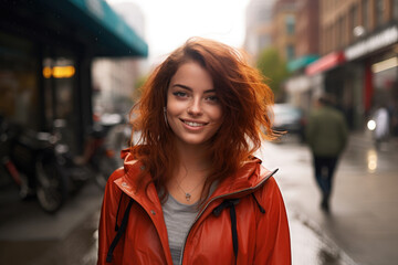 Obraz premium Portrait of beautiful young female on the city street in Bogota or Rio or Caracas