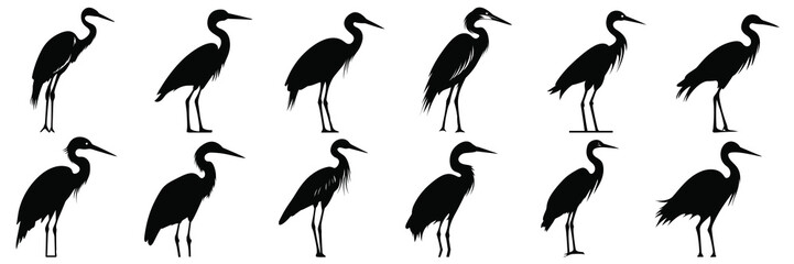 Stork bird silhouettes set, large pack of vector silhouette design, isolated white background