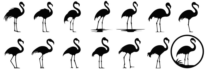 Flamingo silhouettes set, large pack of vector silhouette design, isolated white background