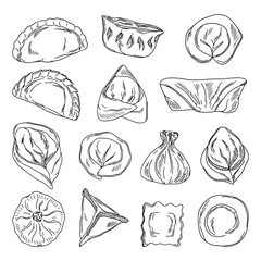 Sketch hand drawn Vareniki. Pelmeni. Meat dumplings. Food. Cooking. National dishes. Products from the dough and meat.