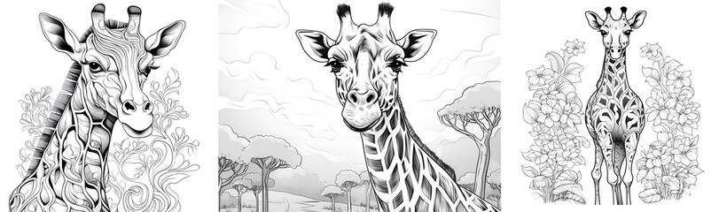 Collection of black and white giraffe illustrations for coloring book. Coloring page outline of giraffe. Activity colorless animal picture. Antistress coloring page with realistic giraffe in nature - obrazy, fototapety, plakaty